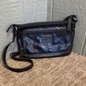 Fossil Black Leather Crossbody with Embossed Logo Patch